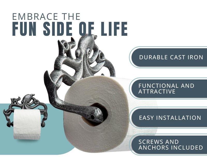 Comfify Decorative Cast Iron Octopus Toilet Paper Roll Holder - Wall Mounted Octopus Decor for Bathroom - Kraken, Nautical Bathroom Accessories - Included Screws and Anchors - Silver & Black - Image 2